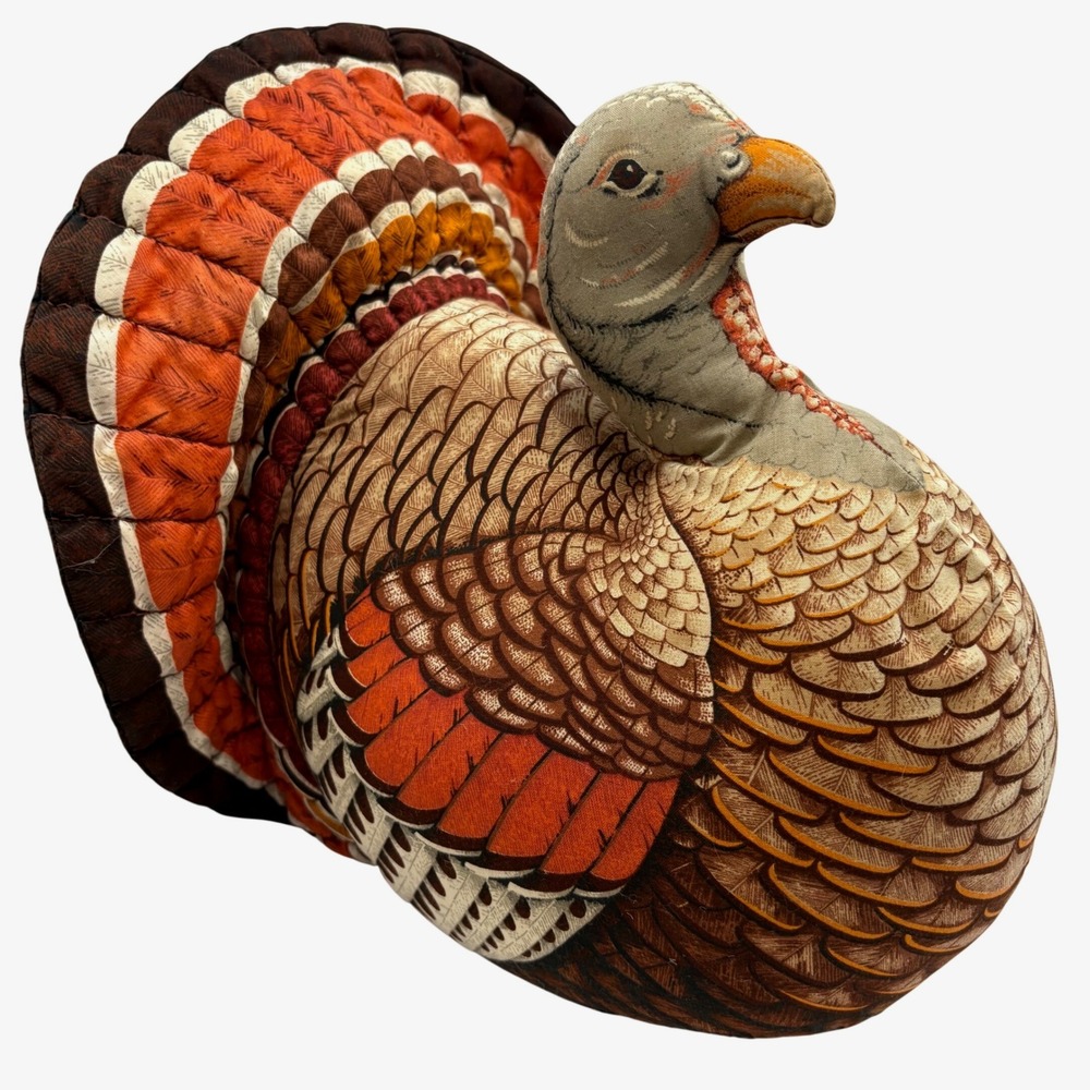 Vintage 1980s Stuffed Fabric Turkey Centerpiece 14" Thanksgiving Decor Kitsch